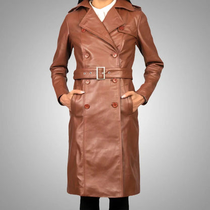 Women's Brown Double-Breasted Leather Trench Coat with Belt