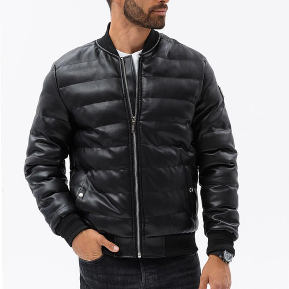 Men’s Black Quilted Leather Puffer Bomber Jacket
