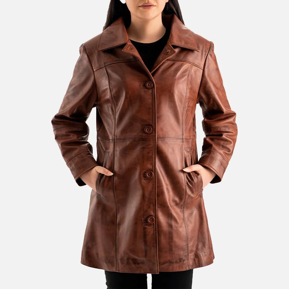 Women's Vintage Brown Leather Button Front Trench Coat