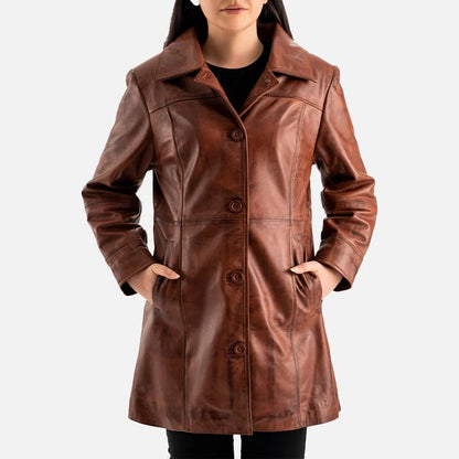 Women's Vintage Brown Leather Button Front Trench Coat