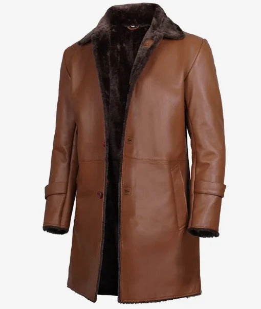 Men’s Brown Shearling-Lined Leather Trench Coat