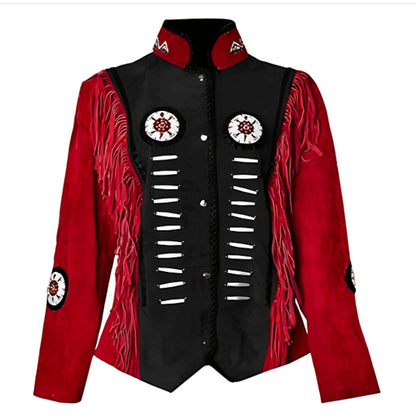 Women’s American Western Black & Red Suede Jacket with Fringe & Embroidered Detailing