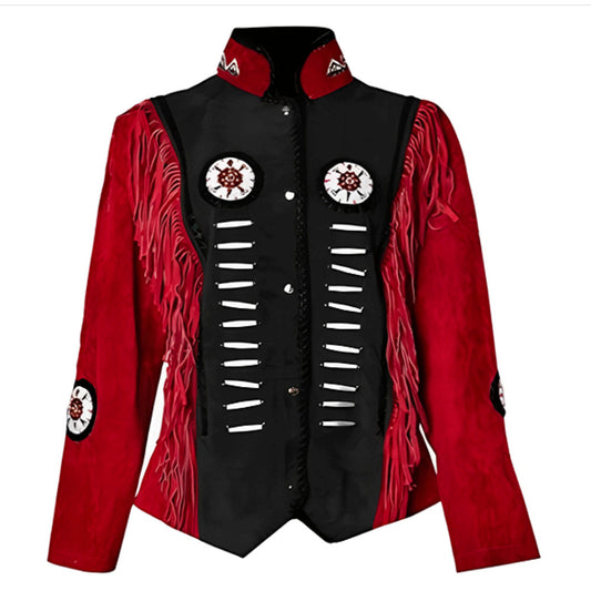 Women’s American Western Black & Red Suede Jacket with Fringe & Embroidered Detailing