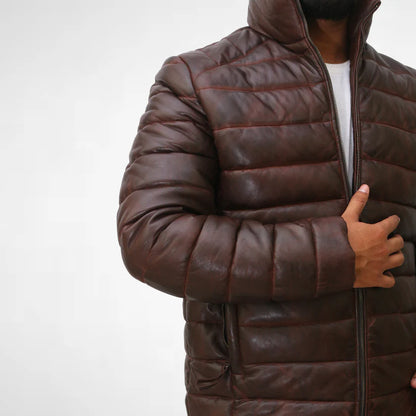 Men's Brown Leather Puffer Down Jacket