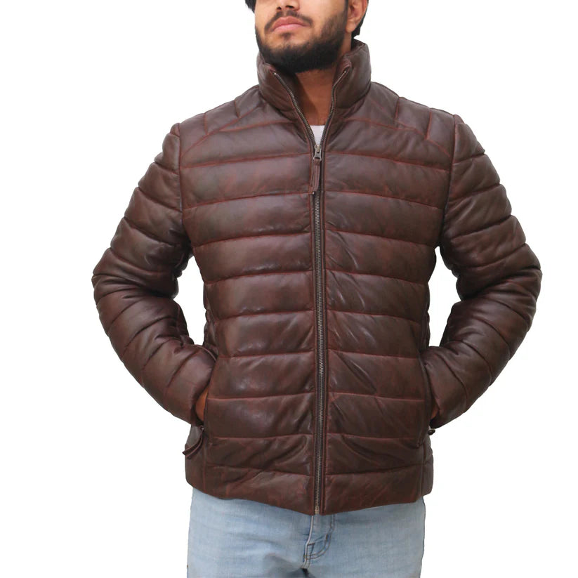 Men's Brown Leather Puffer Down Jacket