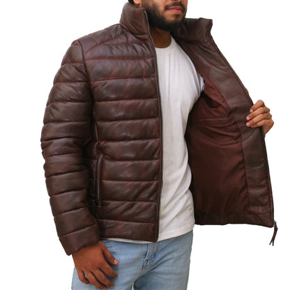 Men's Brown Leather Puffer Down Jacket