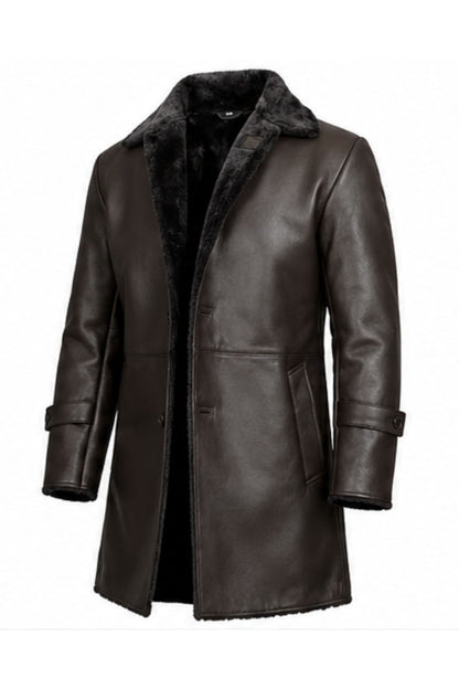 Men’s Premium Black Shearling-Lined Genuine Leather Long Trench Coat with Fur Collar & Button Closure