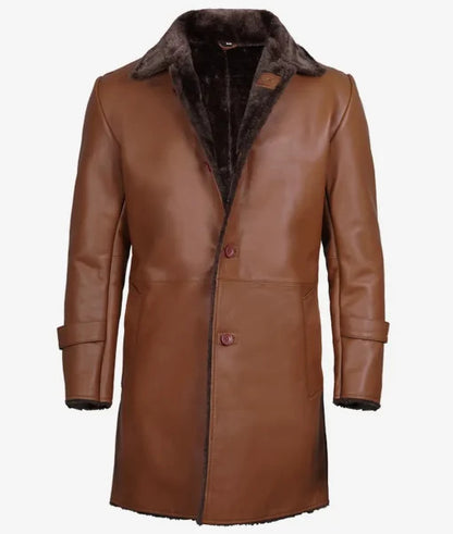 Men’s Brown Shearling-Lined Leather Trench Coat