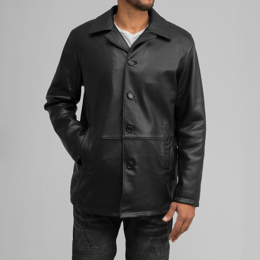 Men’s Classic Black Genuine Leather Notched Lapel Button Leather Jacket