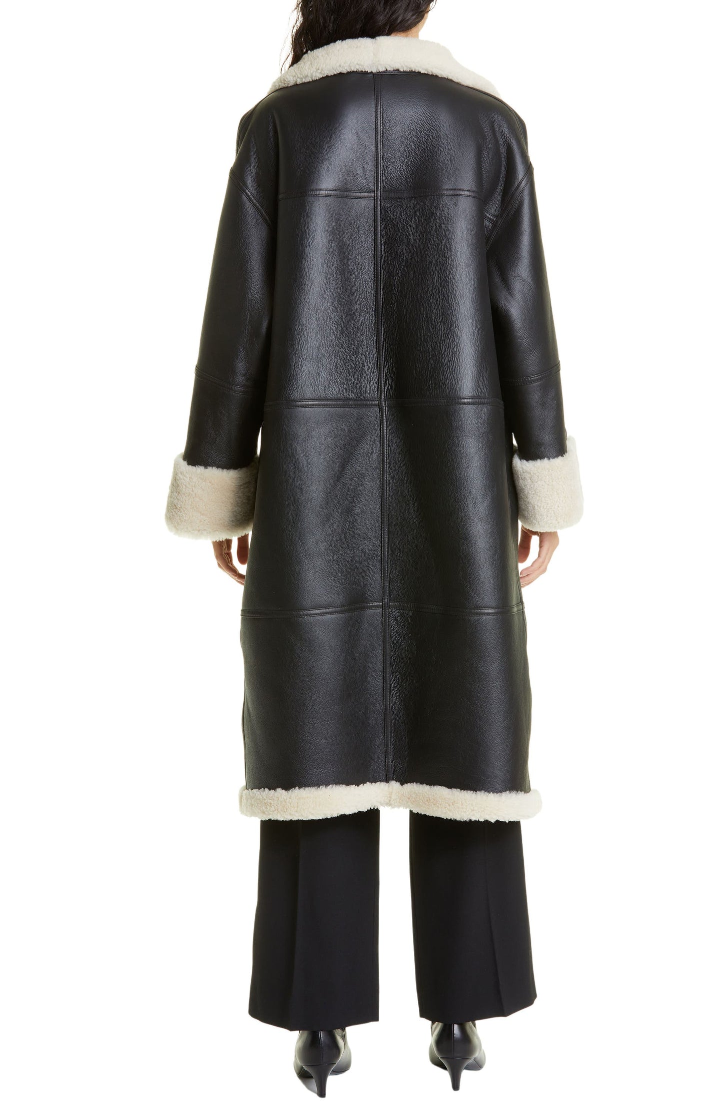 Black Sherpa Leather Long Coat Womens