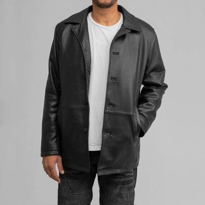 Men’s Classic Black Genuine Leather Notched Lapel Button Leather Jacket