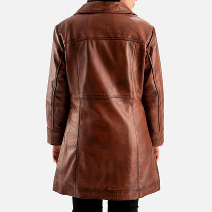 Women's Vintage Brown Leather Button Front Trench Coat