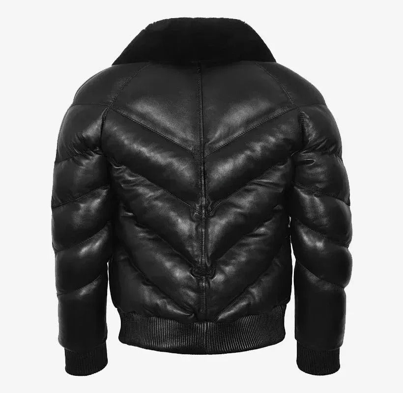 Men's Black Leather Puffer Bomber Jacket with Sherpa Collar