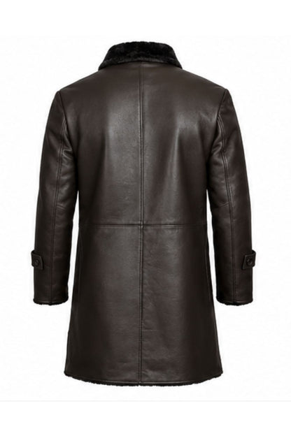 Men’s Premium Black Shearling-Lined Genuine Leather Long Trench Coat with Fur Collar & Button Closure