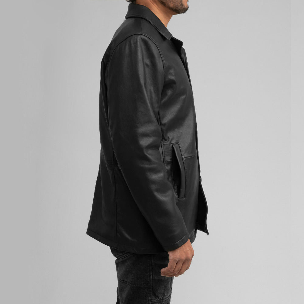 Men’s Classic Black Genuine Leather Notched Lapel Button Leather Jacket