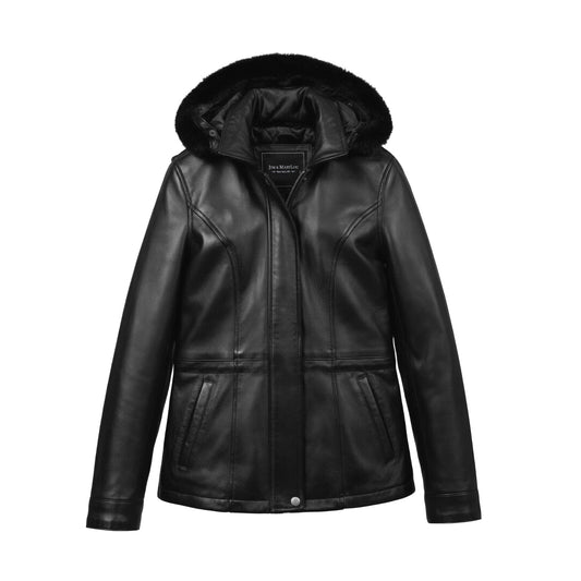 Women’s Black Leather Hooded Jacket with Faux Fur Trim