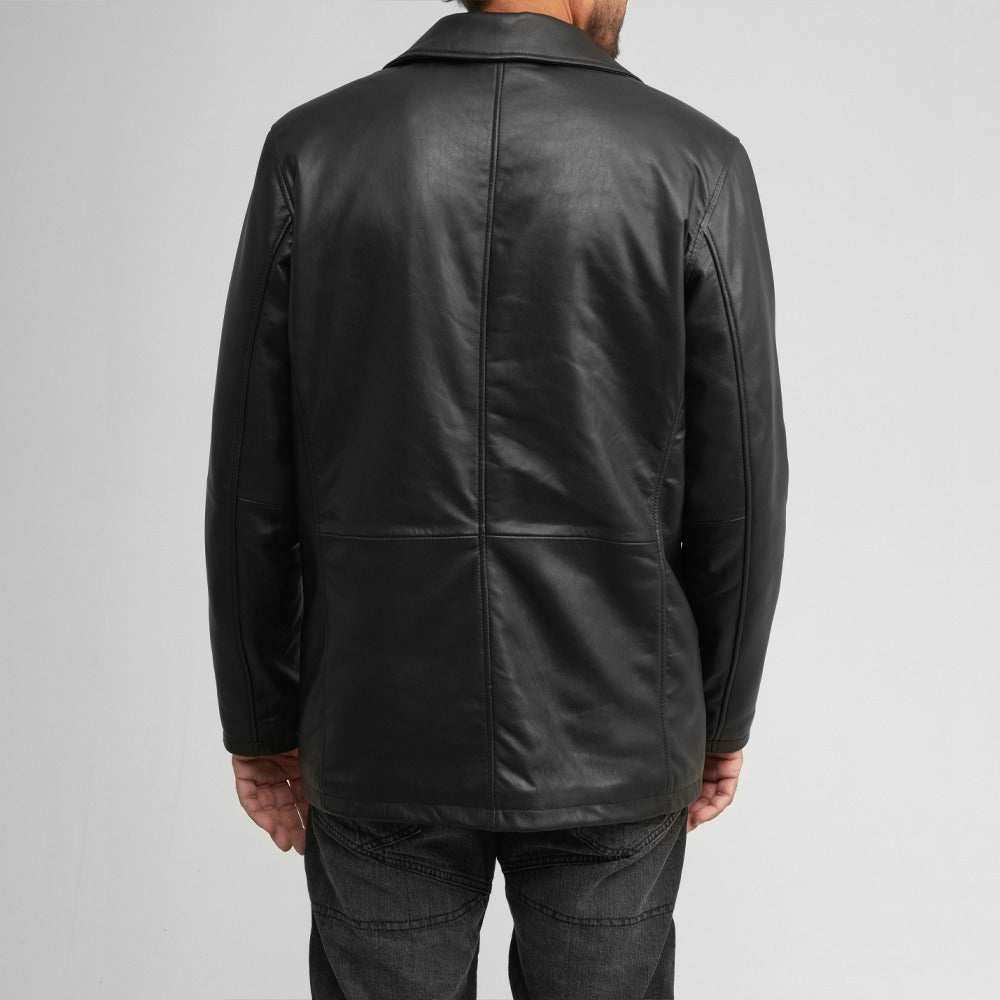 Men’s Classic Black Genuine Leather Notched Lapel Button Leather Jacket