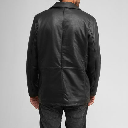 Men’s Classic Black Genuine Leather Notched Lapel Button Leather Jacket