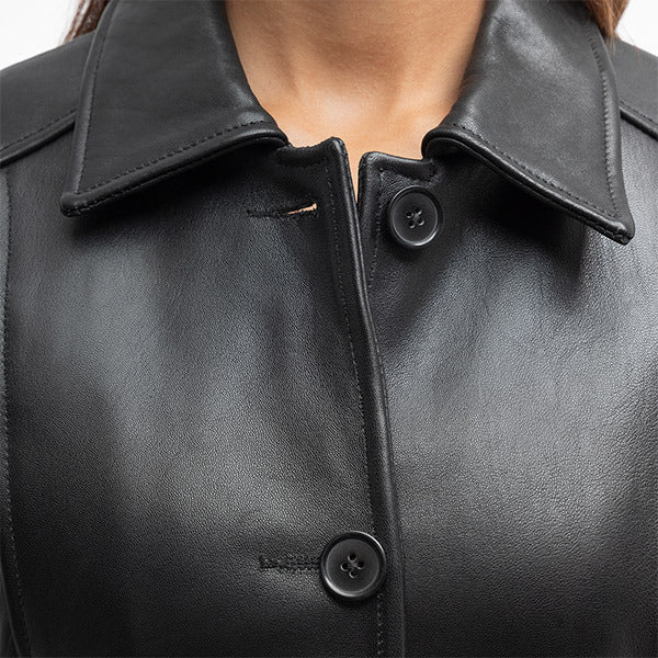 Women's Classic Black Leather Button-Front Trench Coat