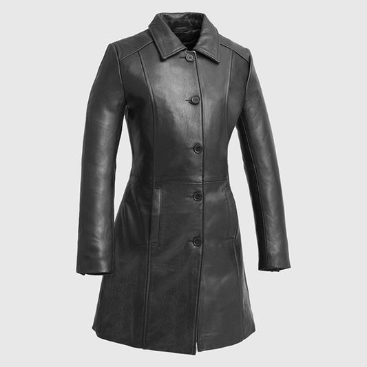 Women's Classic Black Leather Button-Front Trench Coat