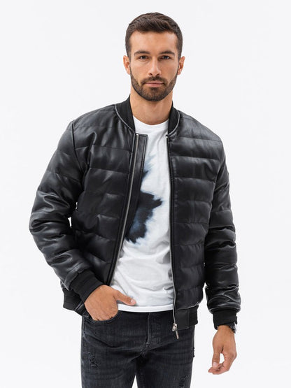 Men’s Black Quilted Leather Puffer Bomber Jacket