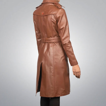 Women's Brown Double-Breasted Leather Trench Coat with Belt