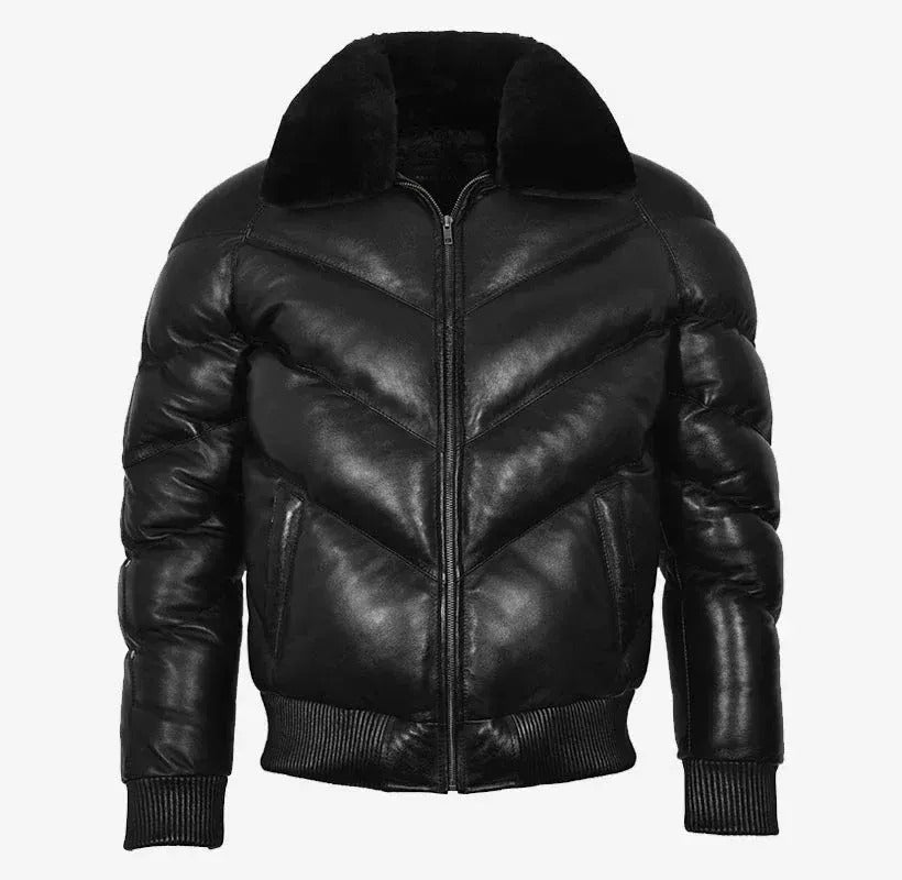 Men's Black Leather Puffer Bomber Jacket with Sherpa Collar