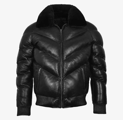 Men's Black Leather Puffer Bomber Jacket with Sherpa Collar
