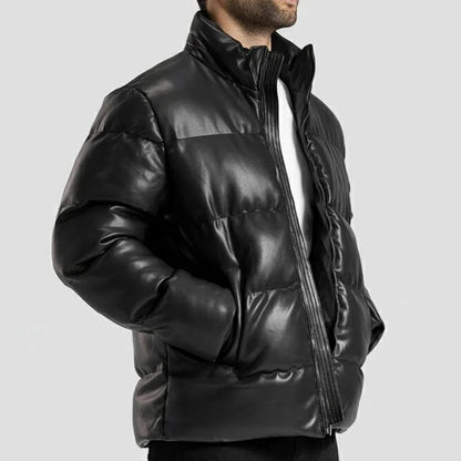 Men’s Down Black Lambskin Leather Puffer Jacket