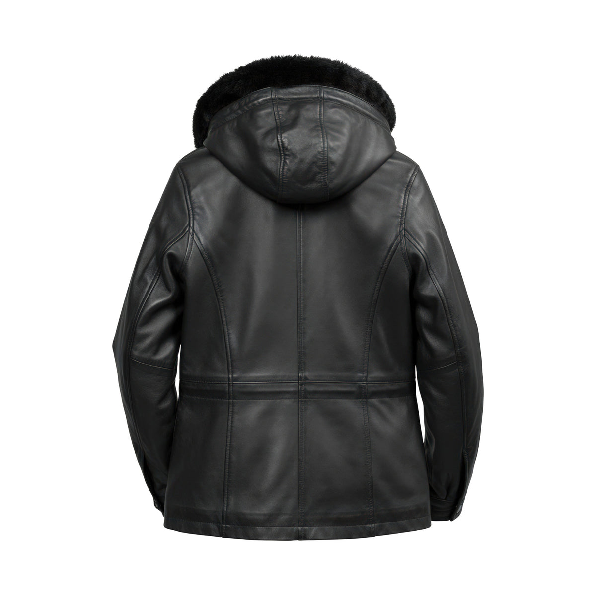 Women’s Black Leather Hooded Jacket with Faux Fur Trim