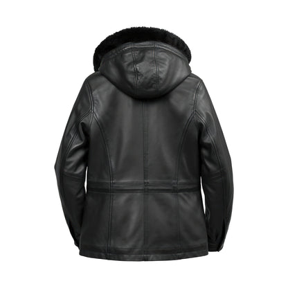 Women’s Black Leather Hooded Jacket with Faux Fur Trim