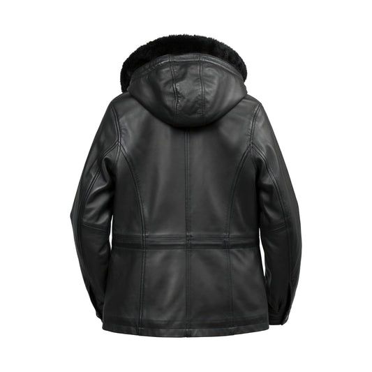 Women’s Black Leather Hooded Jacket with Faux Fur Trim