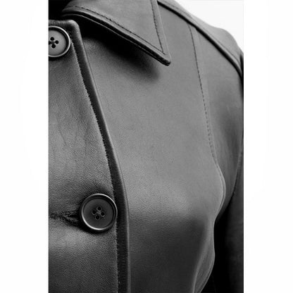 Women's Classic Black Leather Button-Front Trench Coat