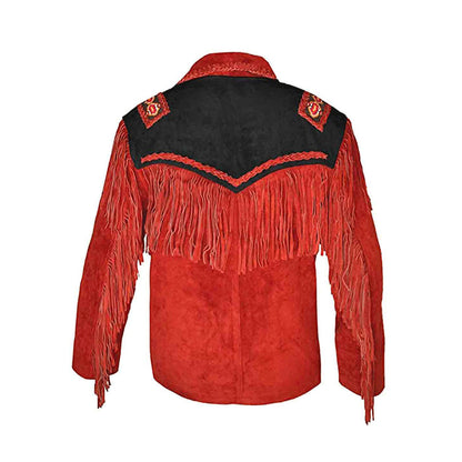 Men’s Red Western Suede Fringe Jacket with Embroidered & Lace-Up Detailing