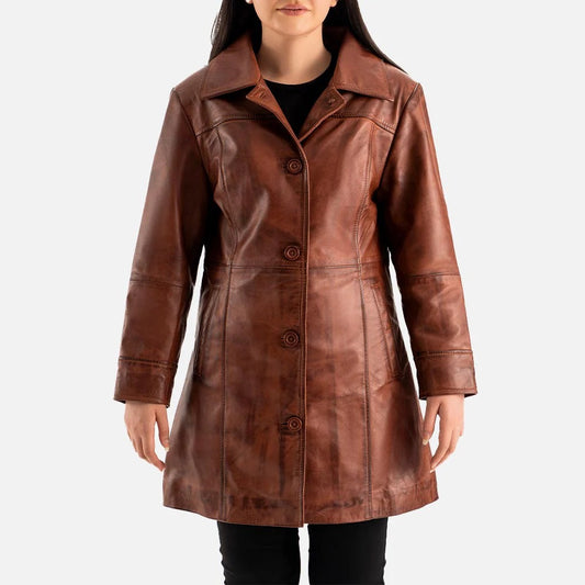 Women's Vintage Brown Leather Button Front Trench Coat