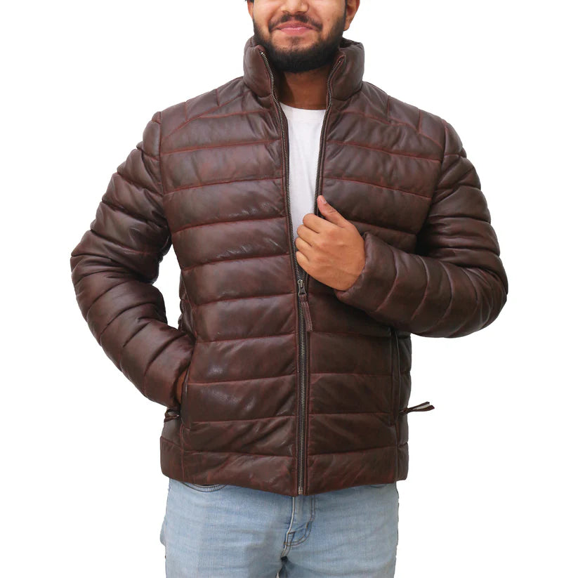 Men's Brown Leather Puffer Down Jacket