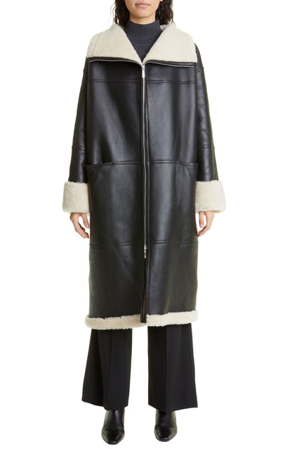 Black Sherpa Leather Long Coat Womens