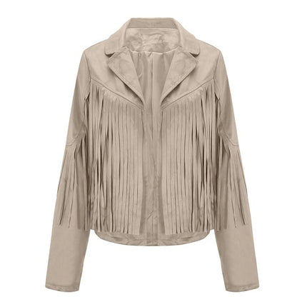 Women’s Classic Western Beige Suede Leather Jacket with Fringe Detailing
