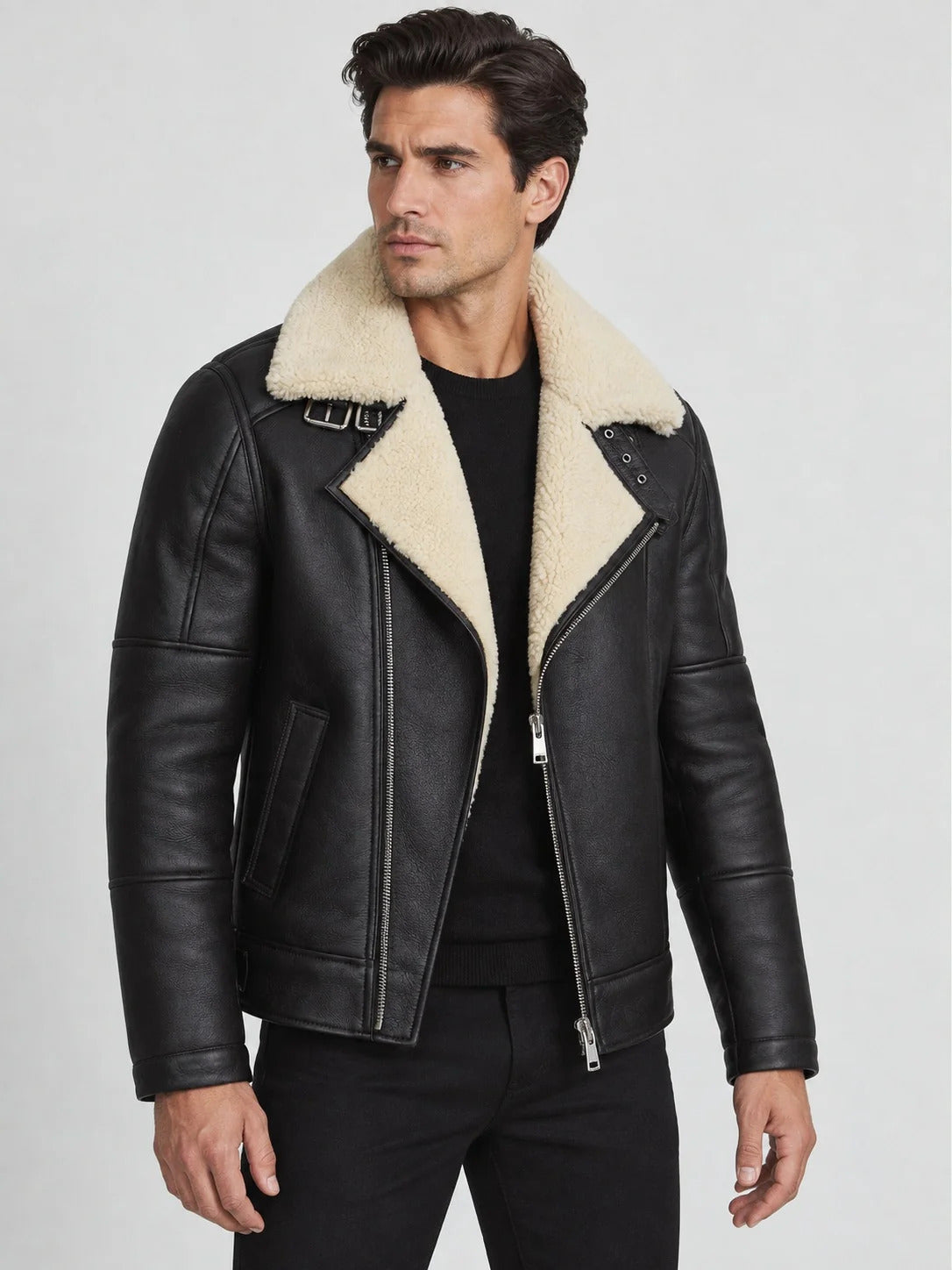 Men’s Black Leather Biker Jacket with Cream Shearling Collar
