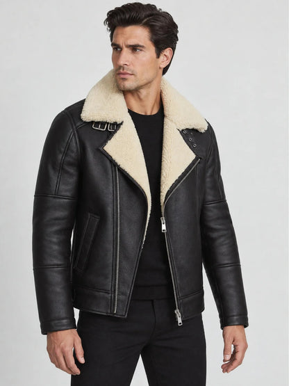 Men’s Black Leather Biker Jacket with Cream Shearling Collar