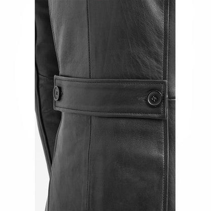 Women's Classic Black Leather Button-Front Trench Coat