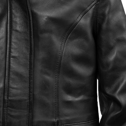 Women’s Black Leather Hooded Jacket with Faux Fur Trim