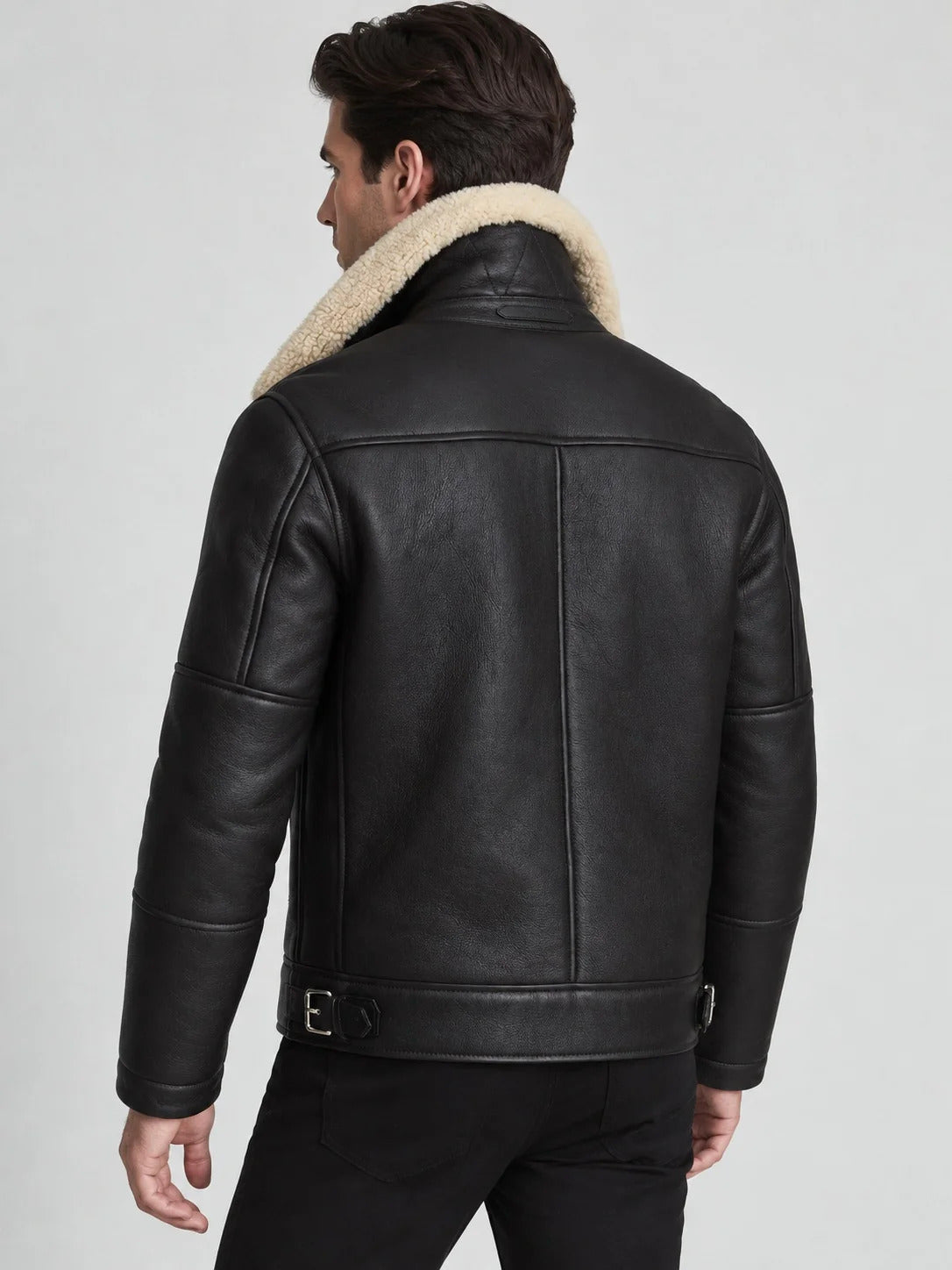 Men’s Black Leather Biker Jacket with Cream Shearling Collar