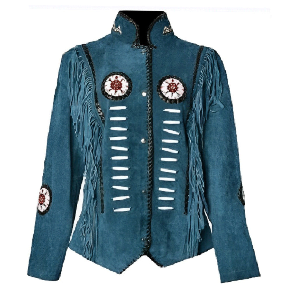 Women American Western Style Blue Suede Leather Jacket Fringe & Beaded Work