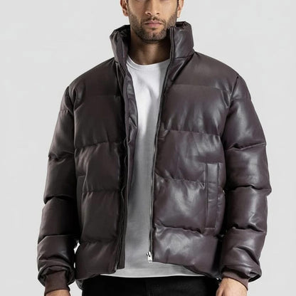 Men’s Dark Brown Puffer Leather Jacket with Stand-Up Collar