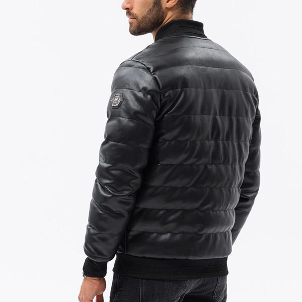 Men’s Black Quilted Leather Puffer Bomber Jacket