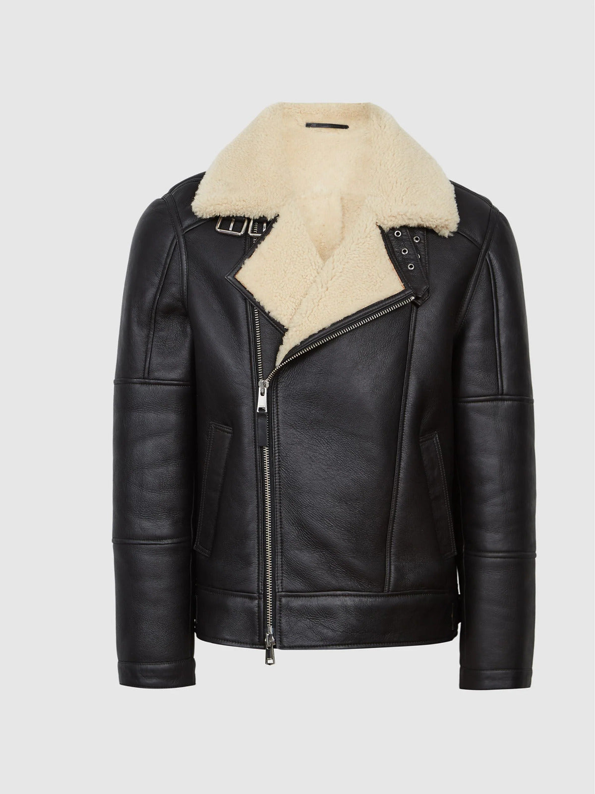 Men’s Black Leather Biker Jacket with Cream Shearling Collar