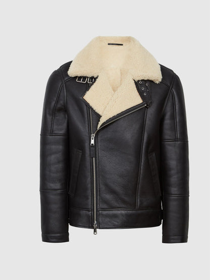 Men’s Black Leather Biker Jacket with Cream Shearling Collar