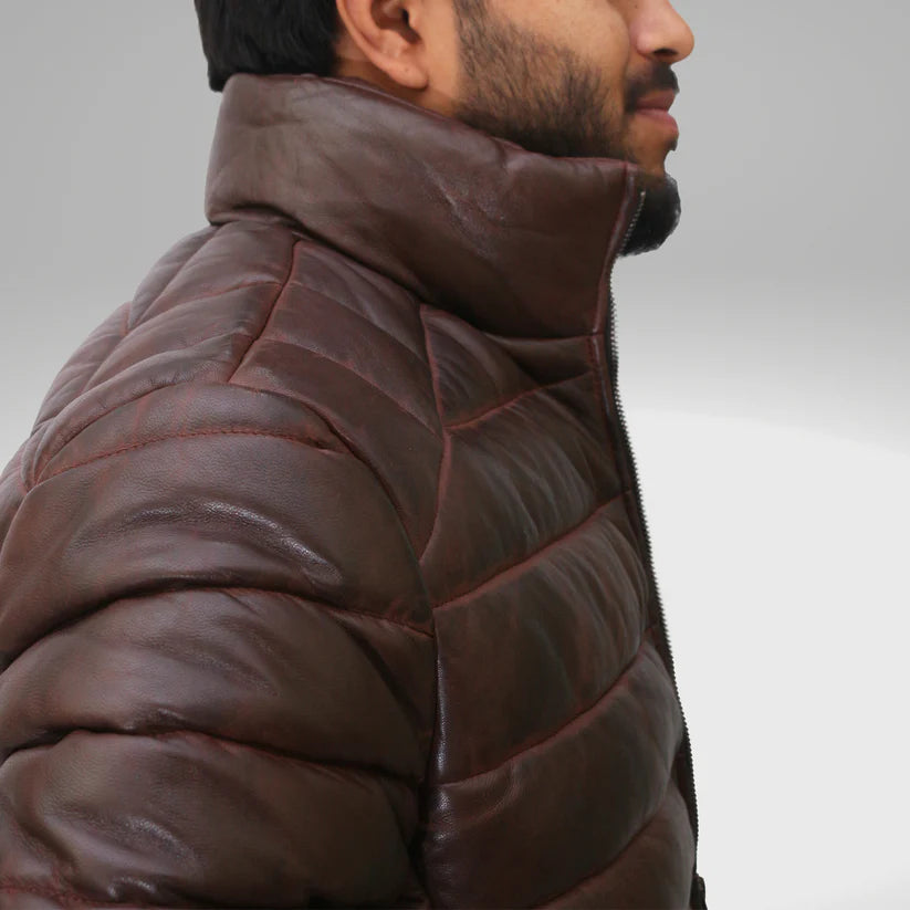 Men's Brown Leather Puffer Down Jacket