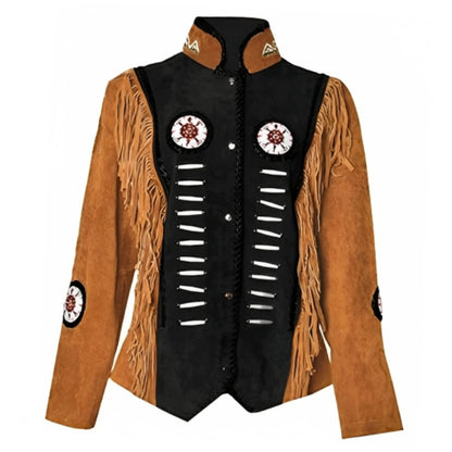Women’s American Western Brown & Black Suede Jacket with Fringe & Embroidered Detailing